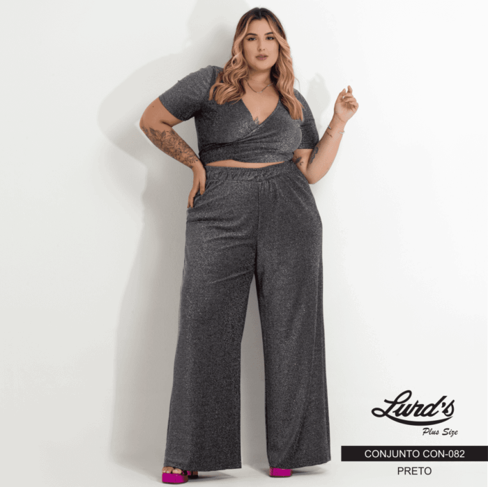 Conjunto Feminino Plus Size Pantalona + Cropped Manga Curta Ref. CON-082 Preto - 60