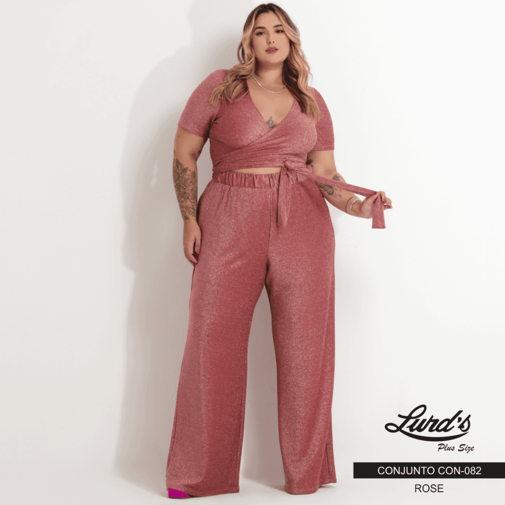 Conjunto Feminino Plus Size Pantalona + Cropped Manga Curta Ref. CON-082 Rose