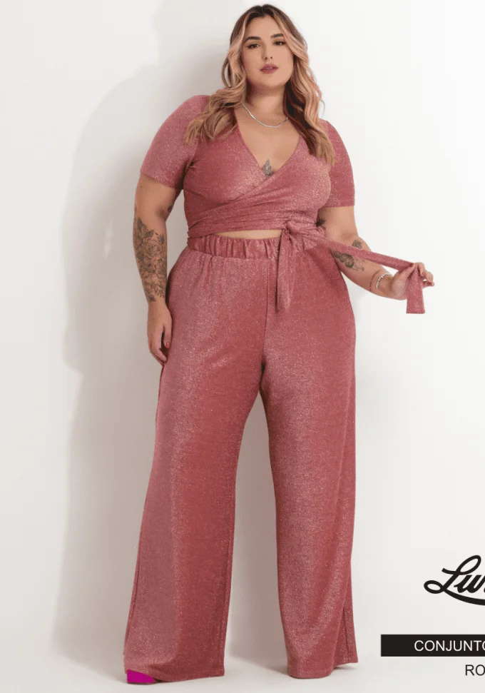 Conjunto Feminino Plus Size Pantalona + Cropped Manga Curta Ref. CON-082 Rose