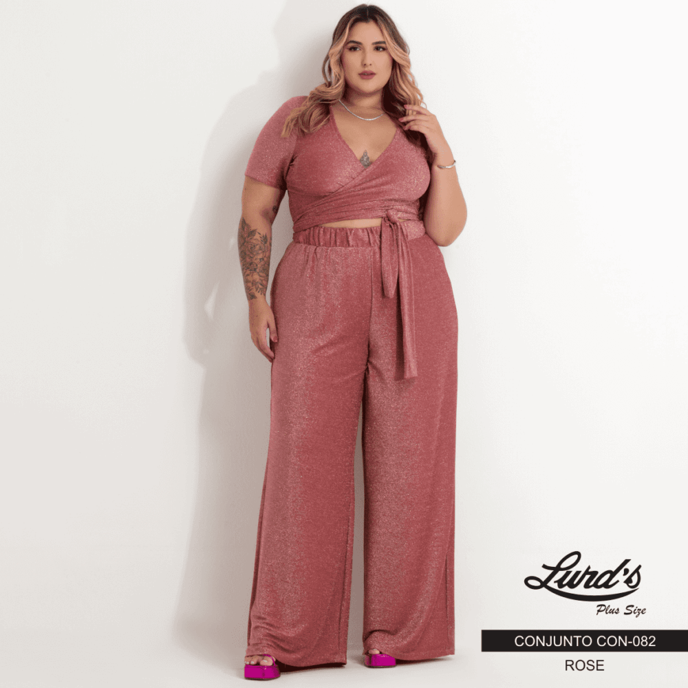 Conjunto Feminino Plus Size Pantalona + Cropped Manga Curta Ref. CON-082 Rose - 54