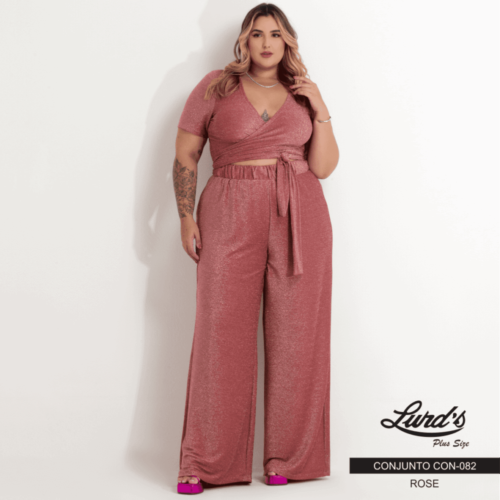 Conjunto Feminino Plus Size Pantalona + Cropped Manga Curta Ref. CON-082 Rose - 60