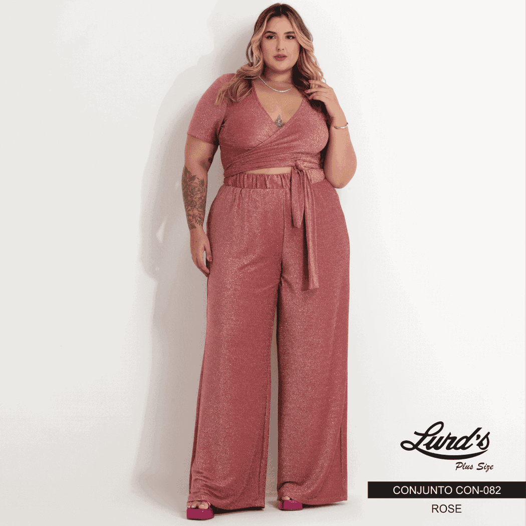 Conjunto Feminino Plus Size Pantalona + Cropped Manga Curta Ref. CON-082 Rose - 54