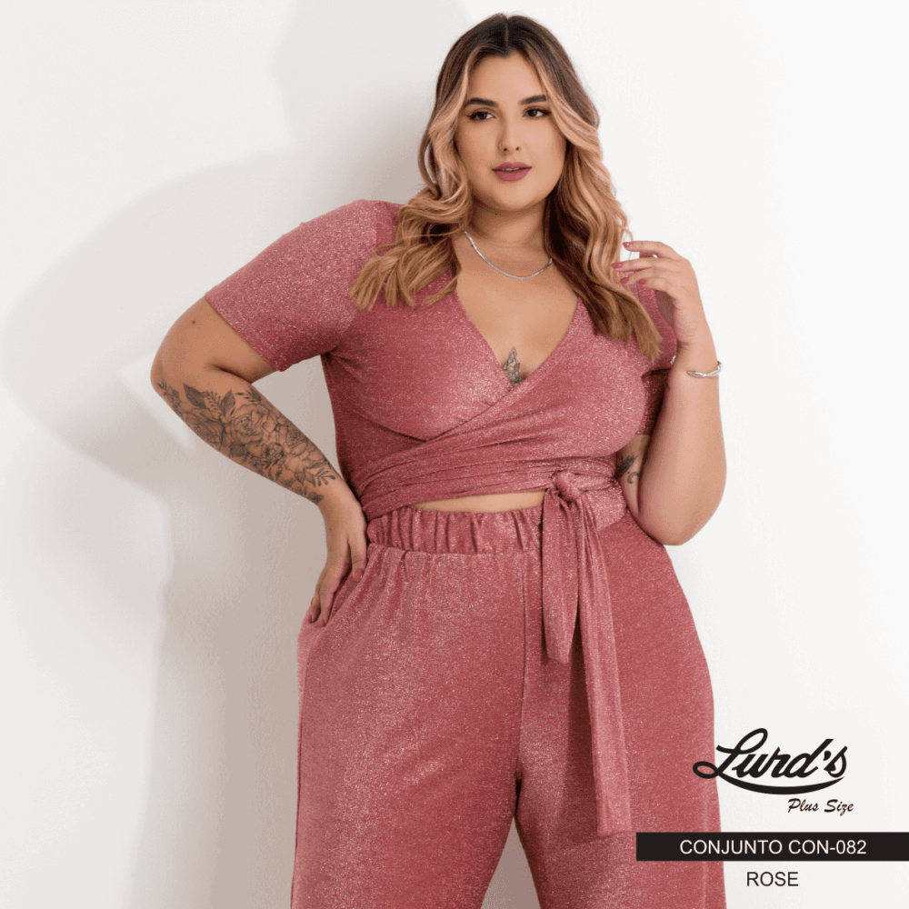 Alternative view of Conjunto Feminino Plus Size Pantalona + Cropped Manga Curta Ref. CON-082 Rose