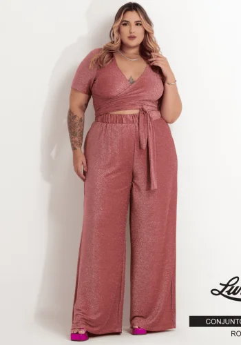 Conjunto Feminino Plus Size Pantalona + Cropped Manga Curta Ref. CON-082 Rose - 50