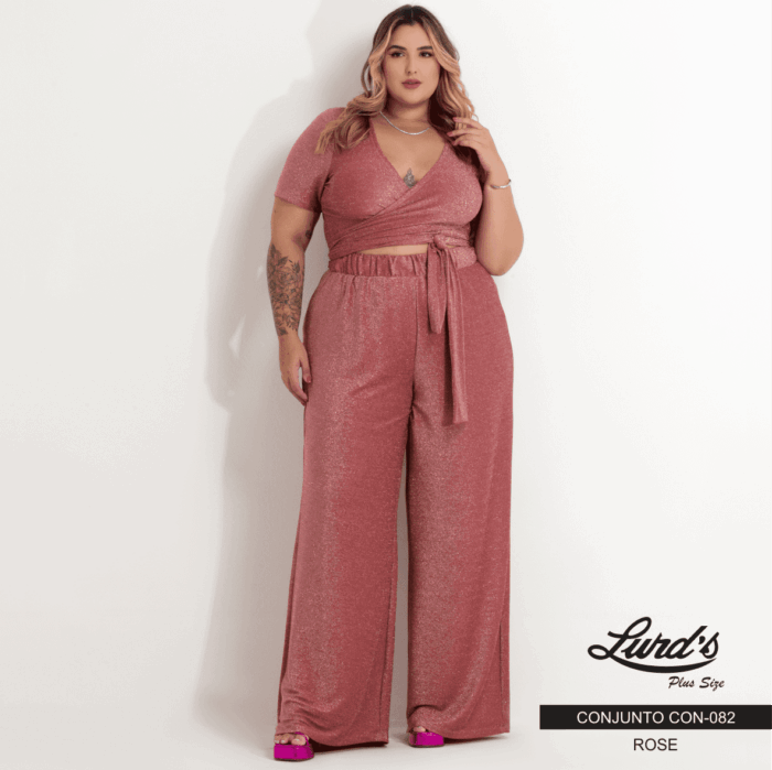 Conjunto Feminino Plus Size Pantalona + Cropped Manga Curta Ref. CON-082 Rose - 58