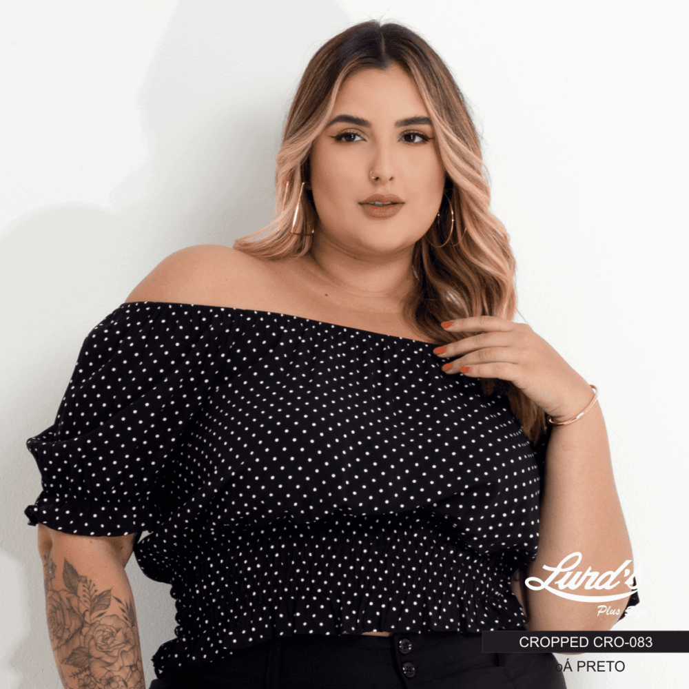 Cropped Feminino Plus Size Manga Curta Poá Preto - 58