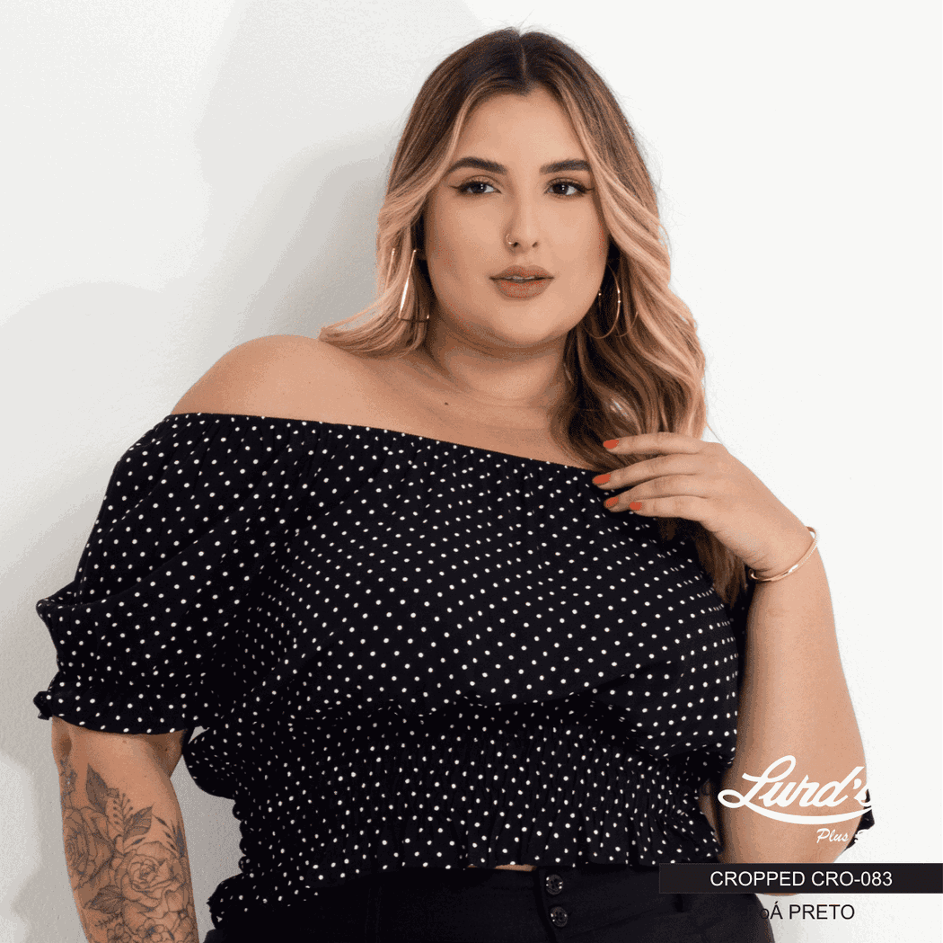 Cropped Feminino Plus Size Manga Curta Poá Preto - 58