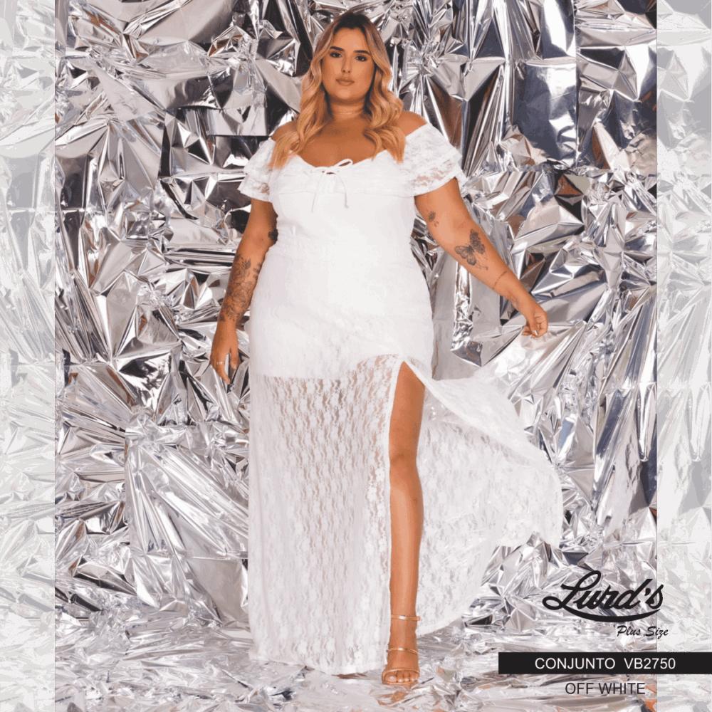 Conjunto Feminino Plus Size Saia Longa + Cropped Off White - 52