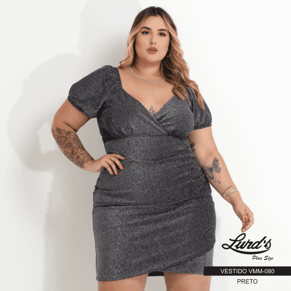 Vestido Plus Size Manga Curta Ref VMM-080 Preto