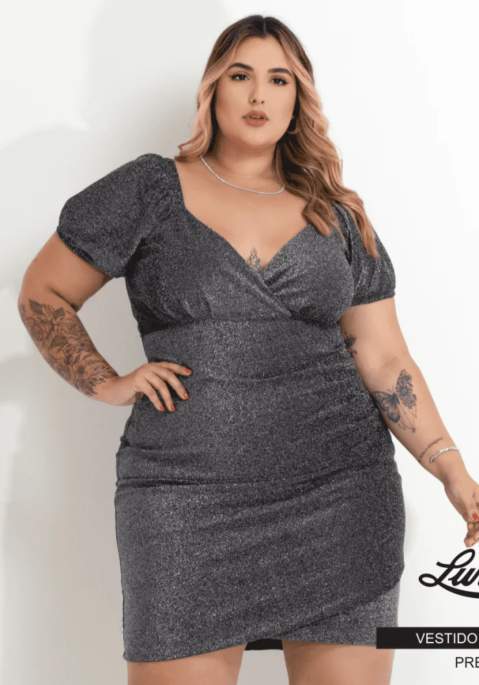 Vestido Plus Size Manga Curta Ref VMM-080 Preto - 60