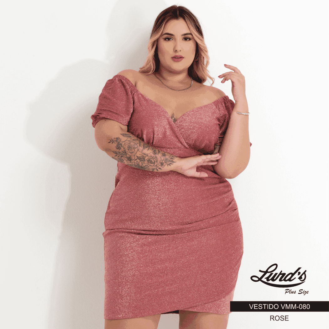Vestido Plus Size Manga Curta Rose - 58