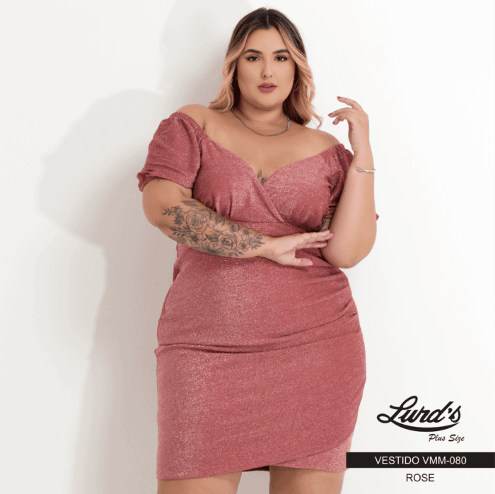 Vestido Plus Size Manga Curta Rose - 52