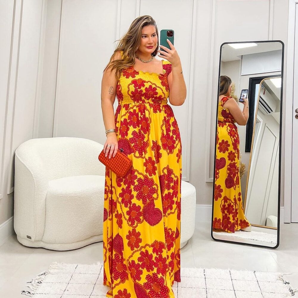 Vestido Longo Plus Size Sem Manga Ref Bardot  Estampa Amarelo - 46