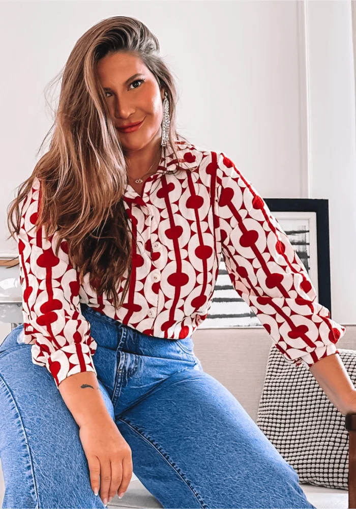 Camisa Feminina Plus Size Manga Longa Vermelha - 46