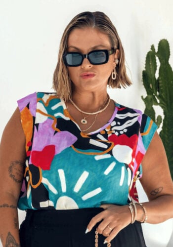 Blusa Feminina Plus Size Manga Curta Estampa Lilás - 50