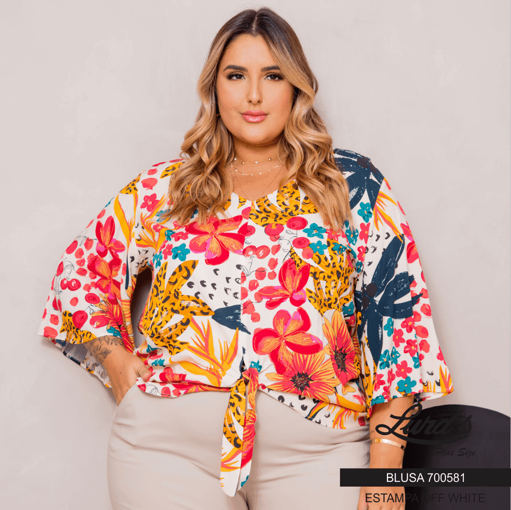 Blusa Feminina Plus Size Manga Curta Ref 700581 Off White - 46