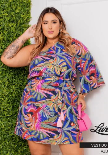 Vestido Plus Size Manga Curta Estampa Azul