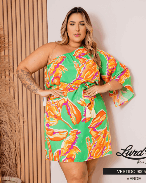 Vestido Plus Size Manga Curta Ref 900536 Estampa Verde