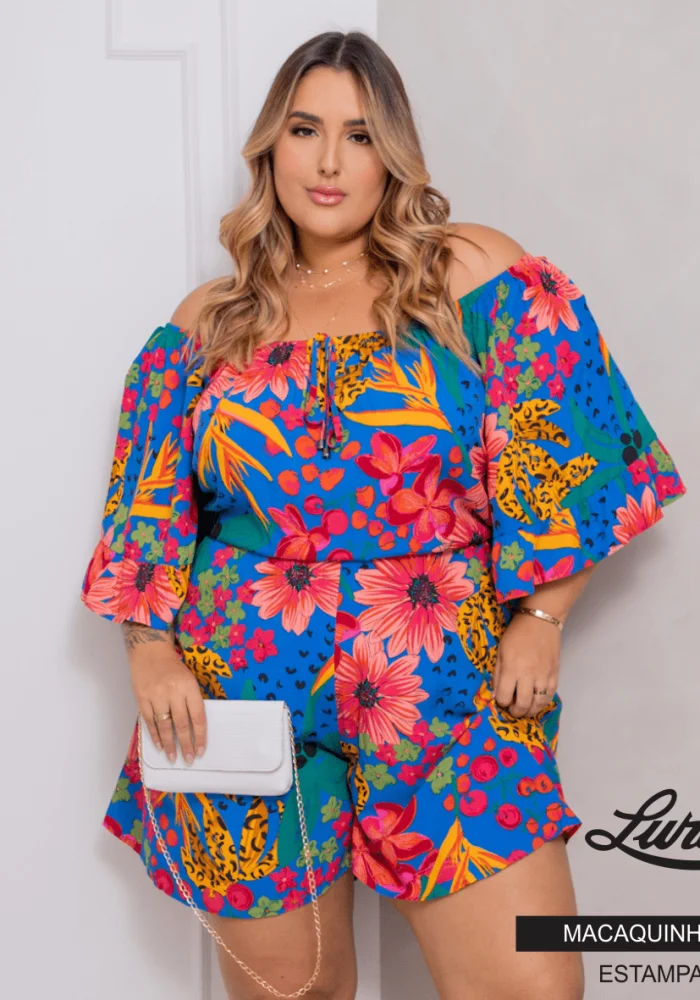 Macaquinho Feminino Plus Size Manga Curta Estampa Azul