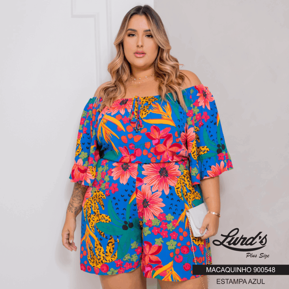 Macaquinho Feminino Plus Size Manga Curta Estampa Azul - 46