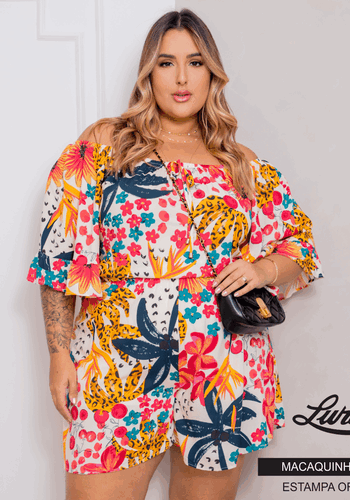 Macaquinho Feminino Plus Size Manga Curta Estampa Off White - 48