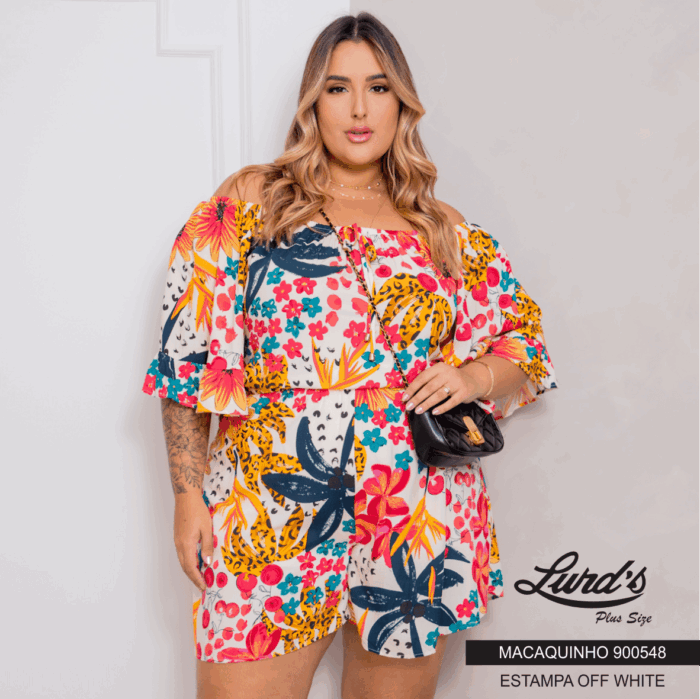 Macaquinho Feminino Plus Size Manga Curta Estampa Off White - 46