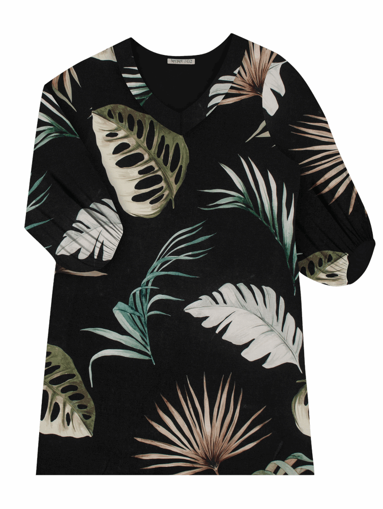 Vestido Plus Size Curto Manga 3/4 Estampa Preto - 50