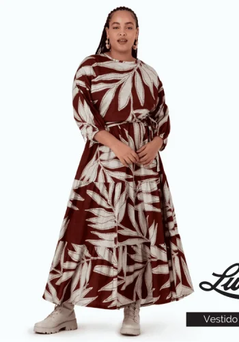 Vestido Longo Plus Size Manga 3/4 Estampa Ref 106322 Marrom