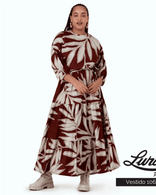 Vestido Longo Plus Size Manga 3/4 Estampa Ref 106322 Marrom
