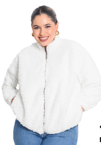 Jaqueta Teddy Feminina Plus Size Off White - 48