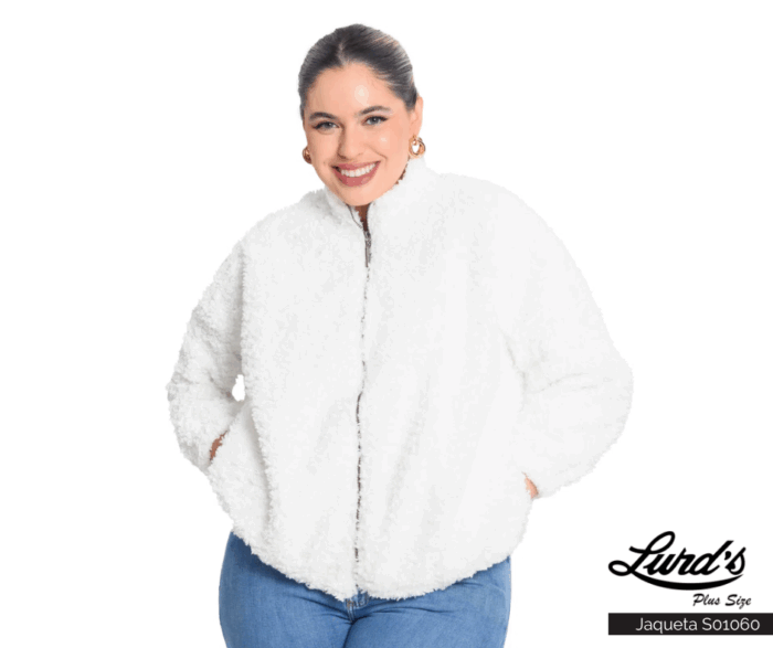 Jaqueta Teddy Feminina Plus Size Off White - 46