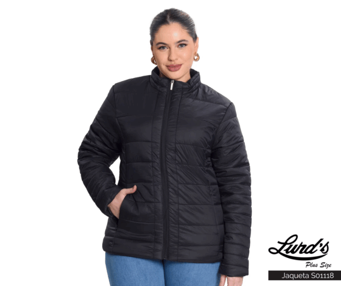 Jaqueta Puffer Feminina Plus Size Ref S01118 Preta - 48