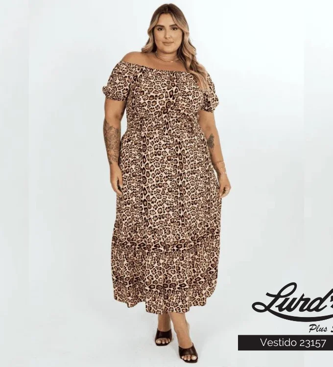 Vestido Midi Plus Size Manga Curta Ref 23157 Estampa Oncinha - 52