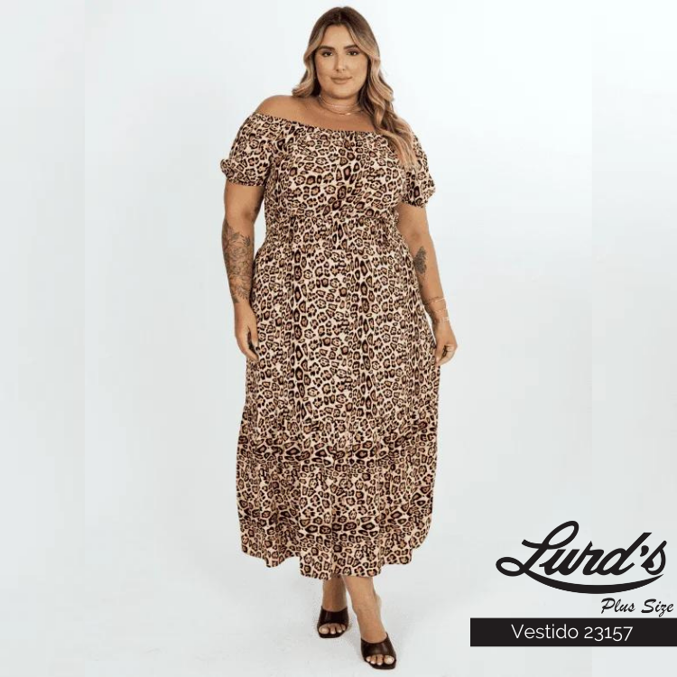 Vestido Midi Plus Size Manga Curta Ref 23157 Estampa Oncinha - 54