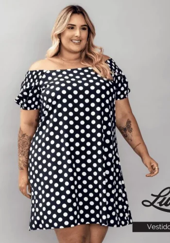 Vestido Curto Plus Size Manga Curta Ref VMM-23214 Poá Marinho - 52