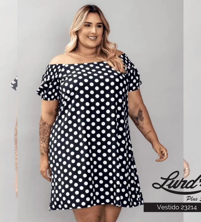 Vestido Curto Plus Size Manga Curta Ref VMM-23214 Poá Marinho - 48