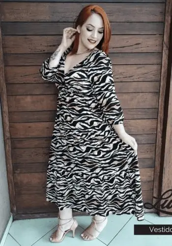 Vestido Midi Plus Size Manga 3/4 Ref VMM-22112 Preto