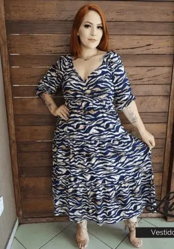 Vestido Midi Plus Size Manga 3/4 Ref VMM-22112 Tigre Marinho