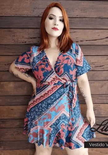 Vestido Midi Plus Size Manga Curta Ref VMM-022 Estampa Vermelha