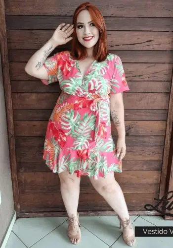 Vestido Curto Plus Size Manga Curta Ref VMM-022 Rosa - 54