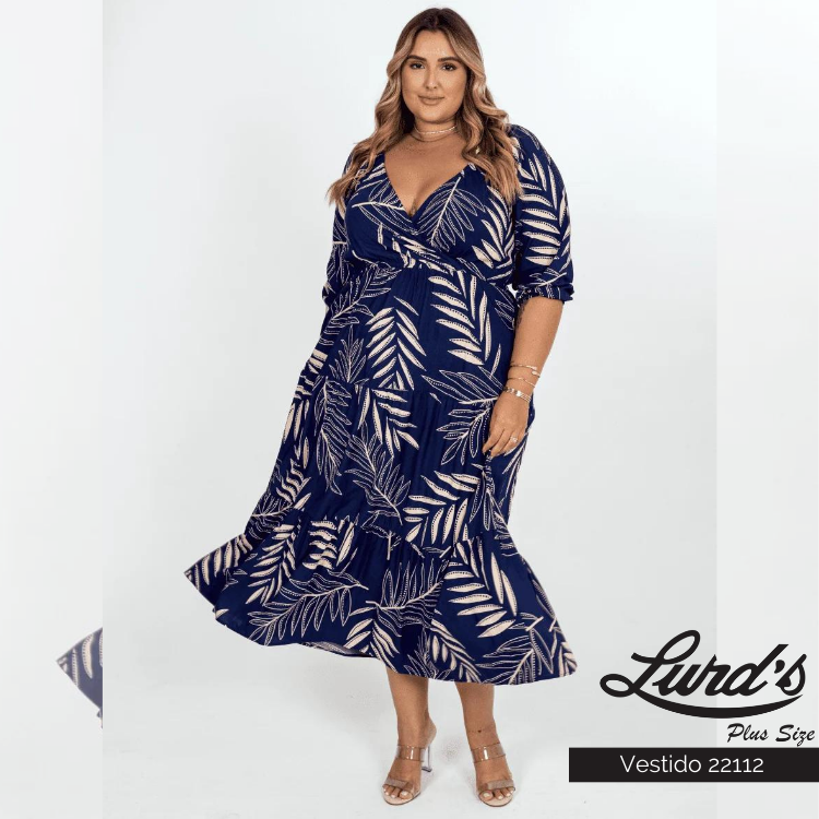 Vestido Mid Plus Size Manga Curta Azul - 58