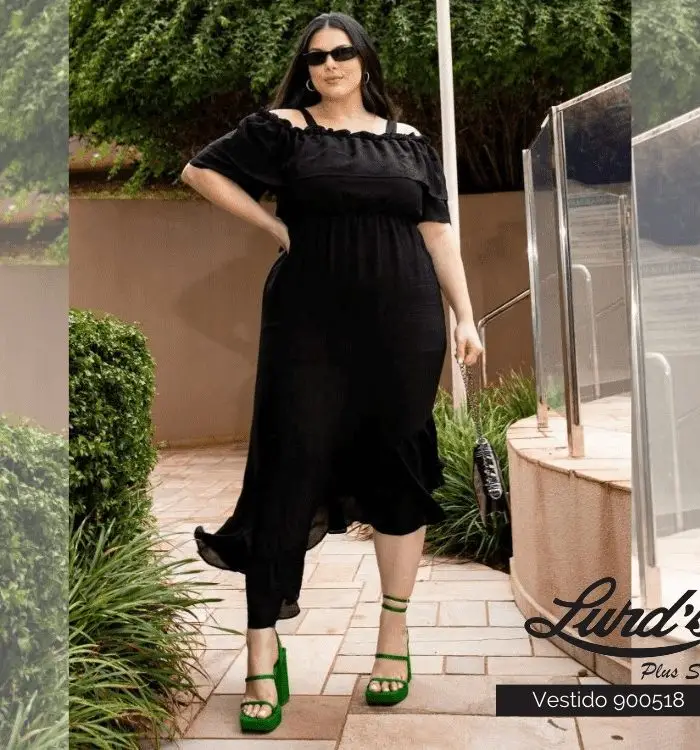 Vestido Mid Plus Size Manga Curta Ref 900518 Preto - 48