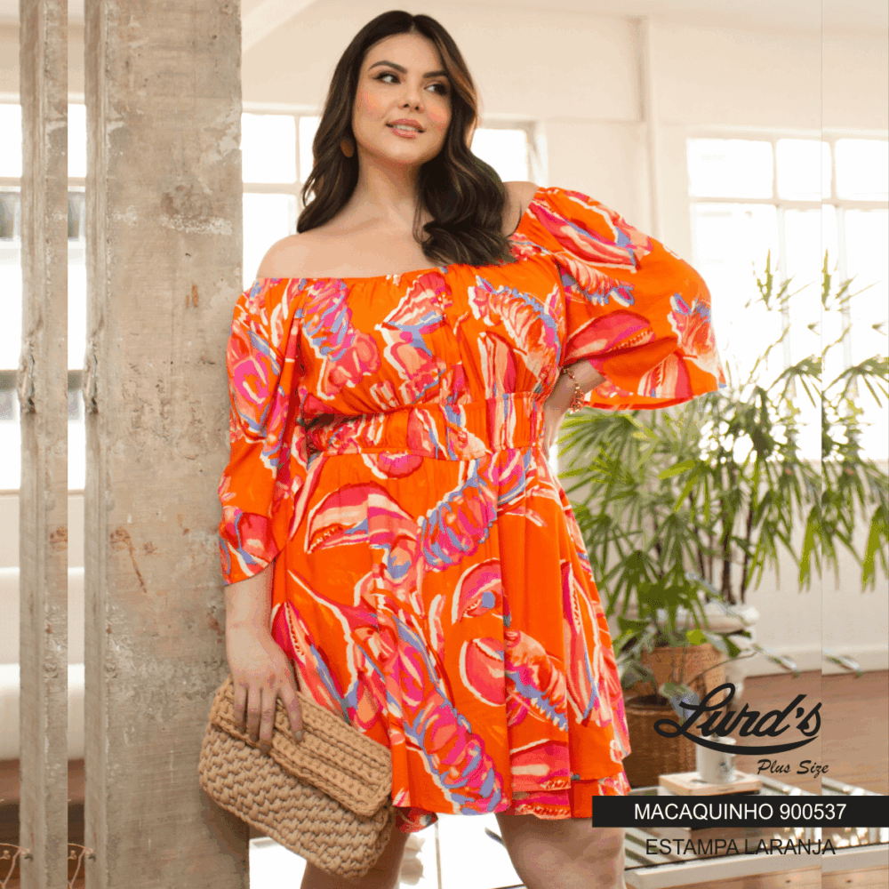Macaquinho Feminino Plus Size Manga Curta Laranja - 46