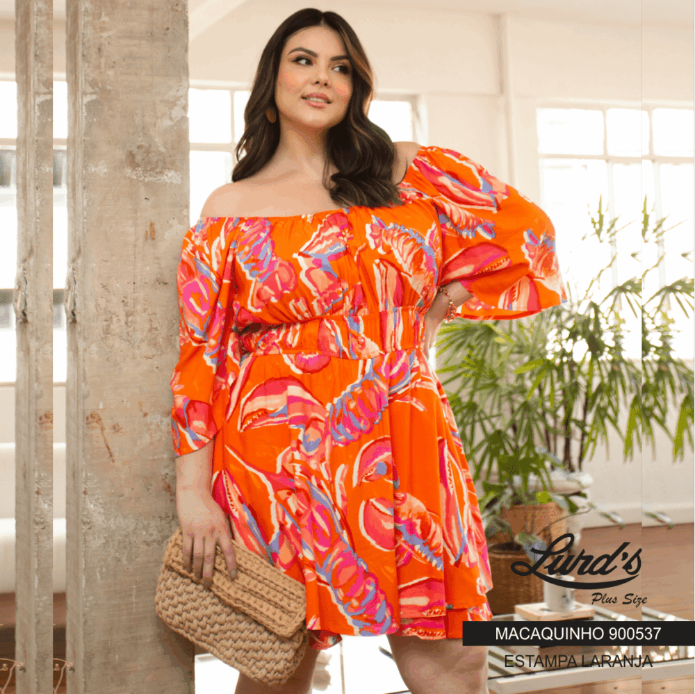 Macaquinho Feminino Plus Size Manga Curta Laranja - 48
