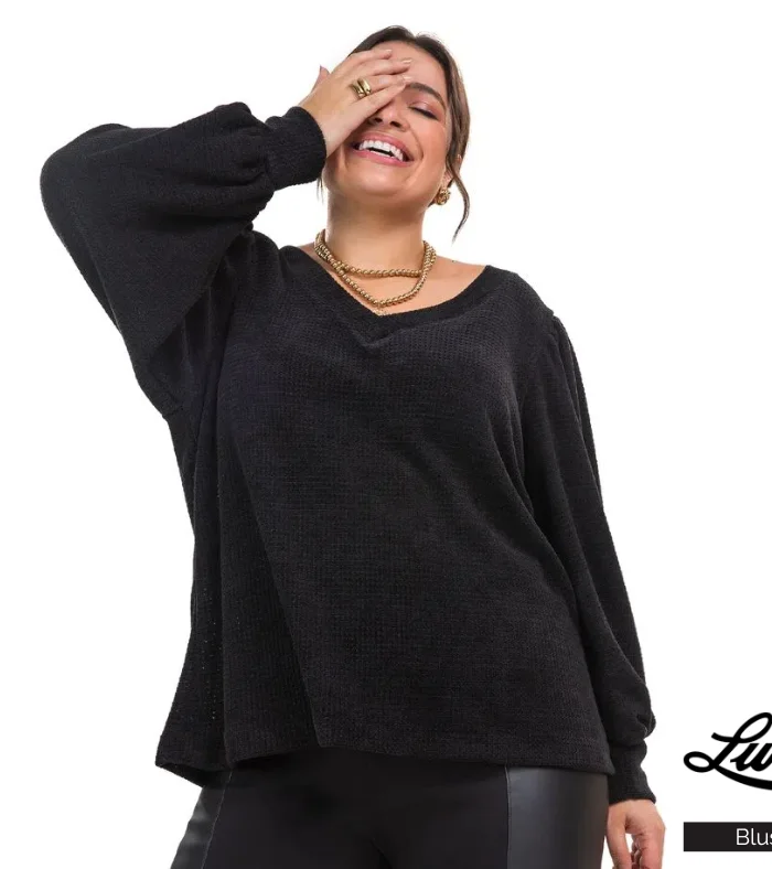 Blusa Feminina Plus Size Manga Longa Ref S01061 Preto