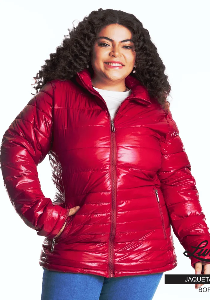 Jaqueta Feminina Plus Size Puffer Brilhante Bordô