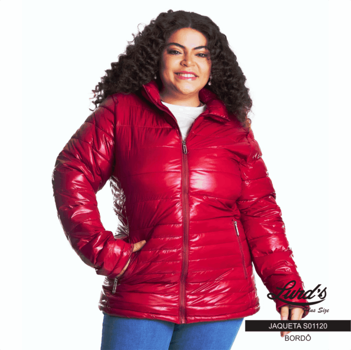 Jaqueta Feminina Plus Size Puffer Brilhante Bordô - 48
