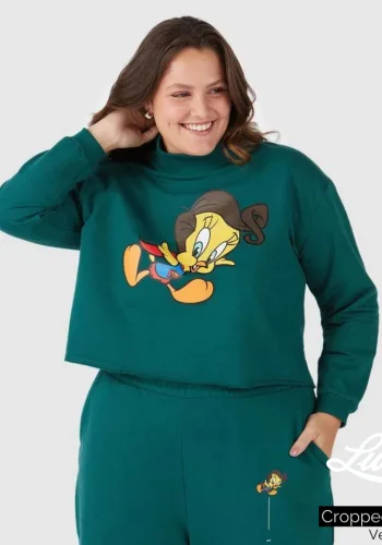 Cropped Feminino Plus Size Manga Longa Verde - 50