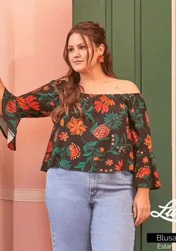 Blusa Feminina Plus Size Manga Longa Ref 111614 Estampa Preto - 54
