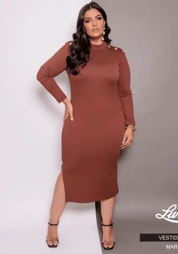 Vestido Mid Plus Size Manga Longa Marrom